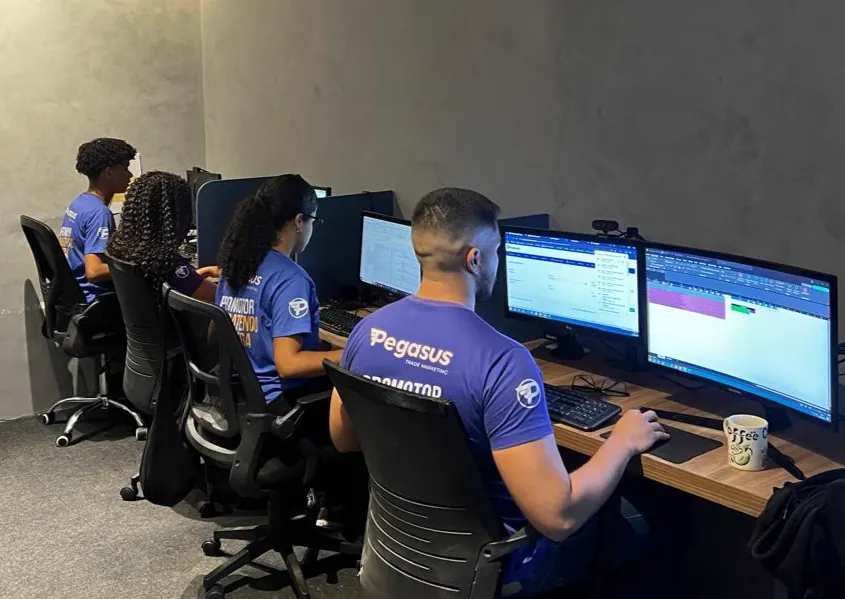 Gestao de operacao de trade marketing - equipe administrativa da Pegasus gerenciando promotores de vendas no campo